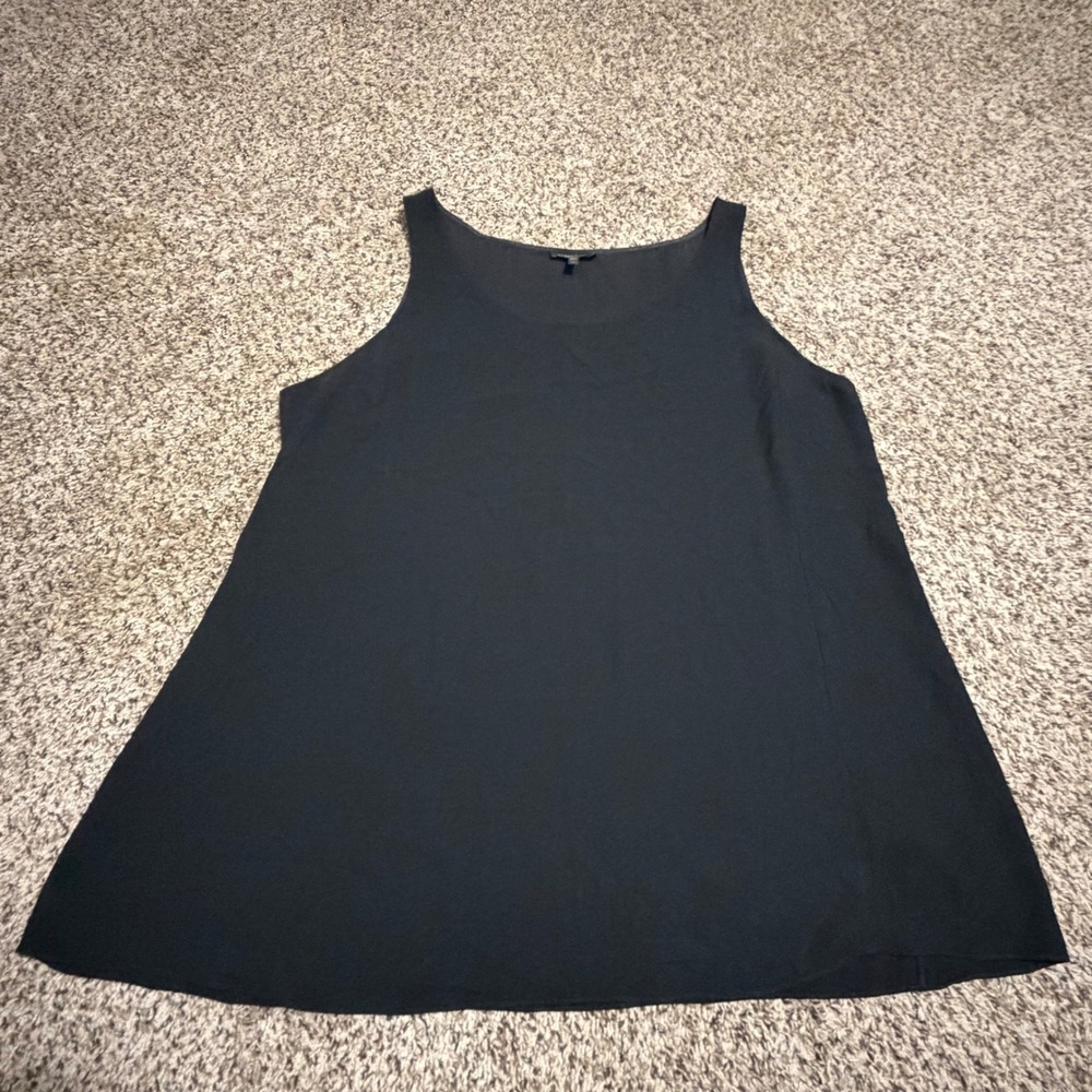 Eileen Fisher Black 100% Silk Sleeveless Scoop Neck A-Line Tank Top XL RN78121